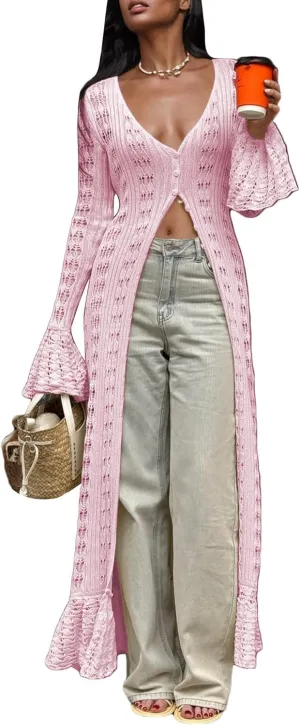 Unybwonn Long Cardigans for Women Crochet Hollow Out Knit Sweater Cover up Maxi Dress Long Sleeve Button Down Cardigan