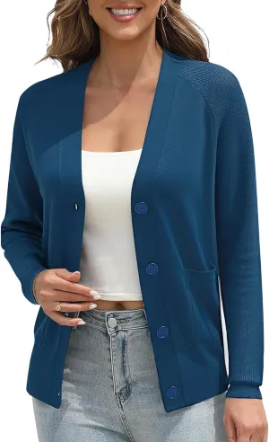 Urban CoCo Women's Long Sleeve Cropped Cardigan Sweater Button Down V Neck Knit Sweaters with Pockets
