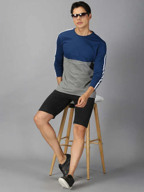 UrGear Colourblock Men Round Neck Blue&Melange T-shirt