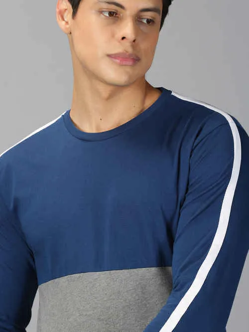 UrGear Colourblock Men Round Neck Blue&Melange T-shirt
