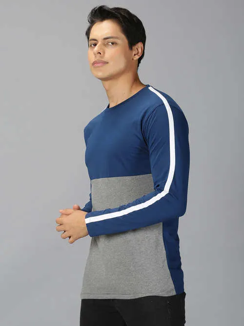 UrGear Colourblock Men Round Neck Blue&Melange T-shirt