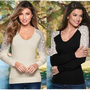 V-neck Lace Patchwork Long Sleeves T-shirt