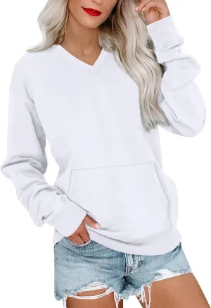 V Neck Sweatshirt Women Fleece Linen Cute Sweatshirts No Hood Comfy Oversized Hoodie with Pockets Winter Sweaters