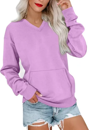 V Neck Sweatshirt Women Fleece Linen Cute Sweatshirts No Hood Comfy Oversized Hoodie with Pockets Winter Sweaters
