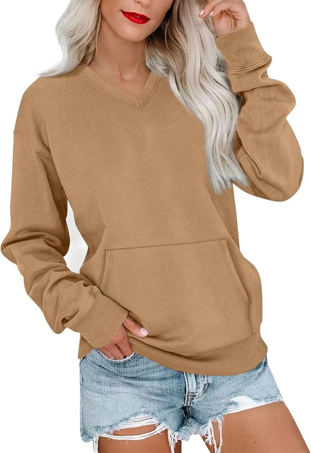 V Neck Sweatshirt Women Fleece Pocket Cute Sweatshirts No Hood Oversized Comfy Hoodie Y2k Soft Winter Clothes