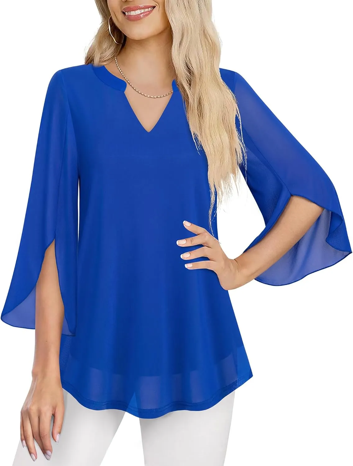 VALOLIA Women's 3/4 Sleeve Floral Tunic Tops V Neck Double Layers Loose Fit Mesh Blouses Shirt