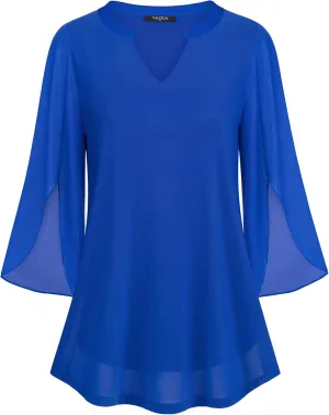 VALOLIA Women's 3/4 Sleeve Floral Tunic Tops V Neck Double Layers Loose Fit Mesh Blouses Shirt