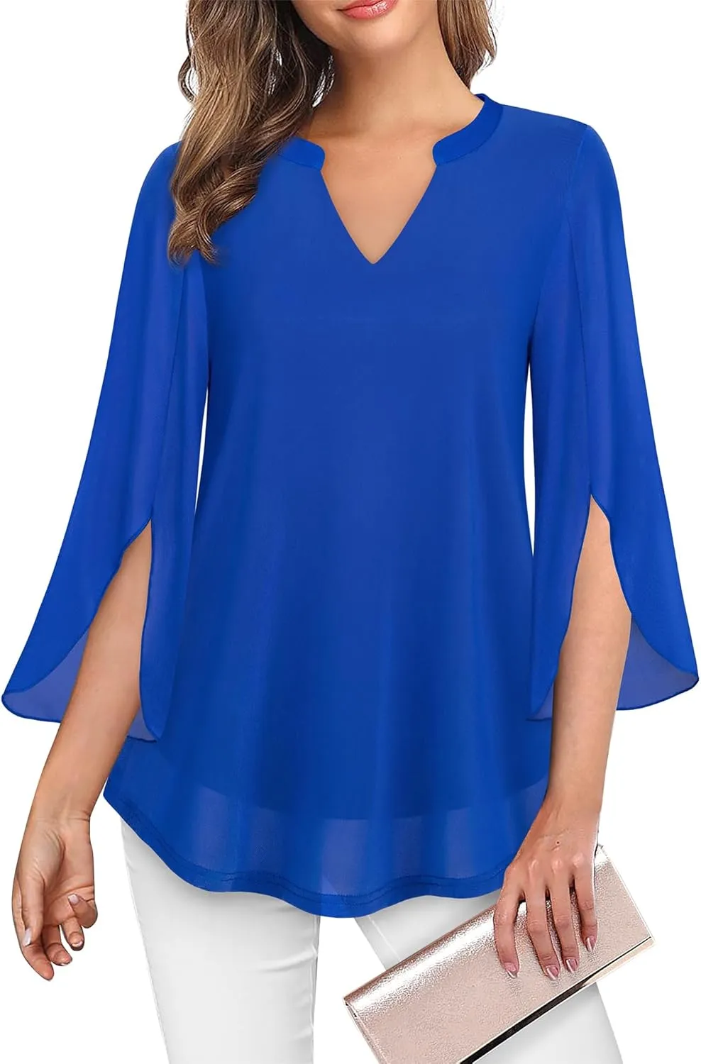 VALOLIA Women's 3/4 Sleeve Floral Tunic Tops V Neck Double Layers Loose Fit Mesh Blouses Shirt