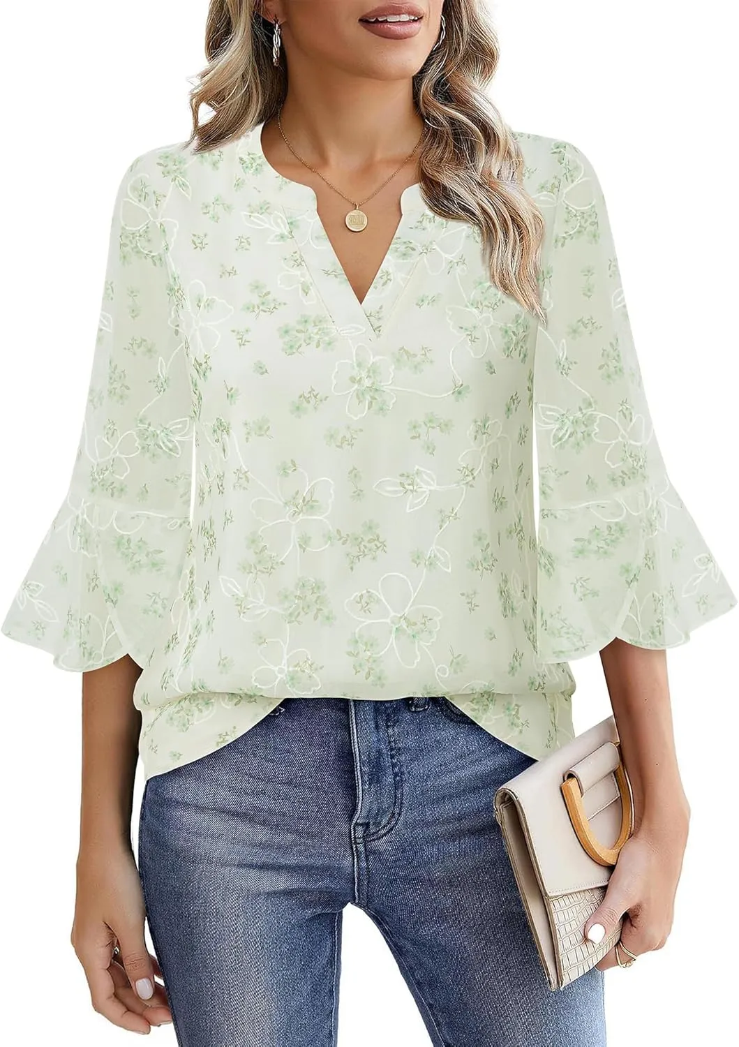 VALOLIA Womens 3/4 Sleeve Tops Dressy Casual Chiffon Blouses Floral Print V-Neck Work Office Shirts