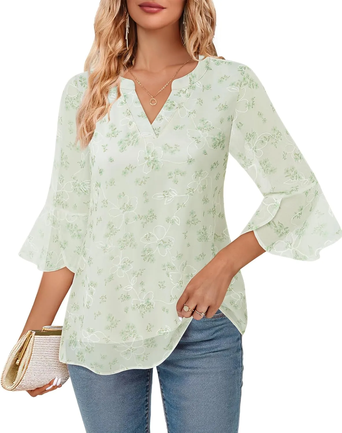 VALOLIA Womens 3/4 Sleeve Tops Dressy Casual Chiffon Blouses Floral Print V-Neck Work Office Shirts