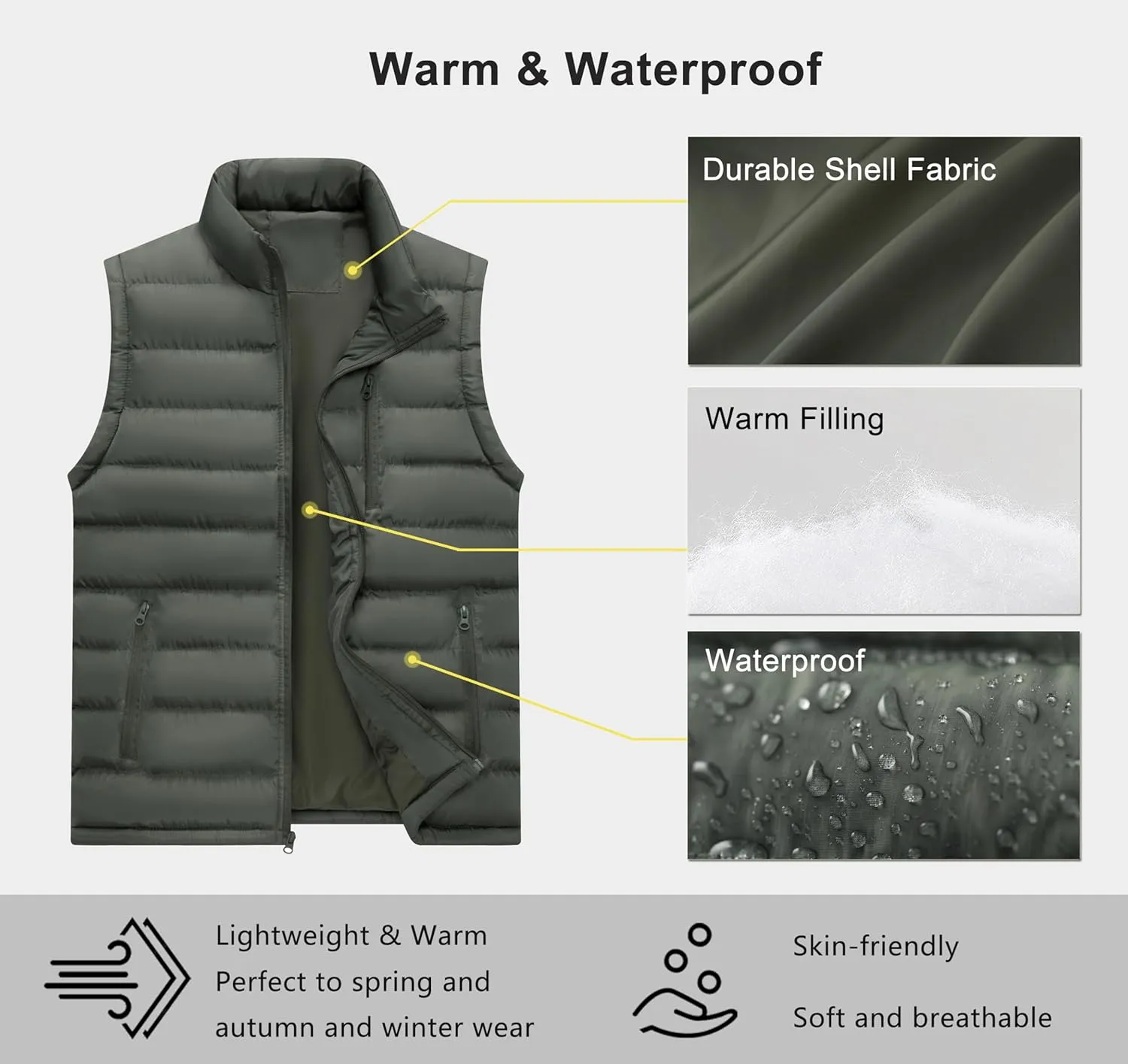Vcansion Men's Outdoor Stand Collar Fleece Jacket Vest Casual Padded Vest Coats