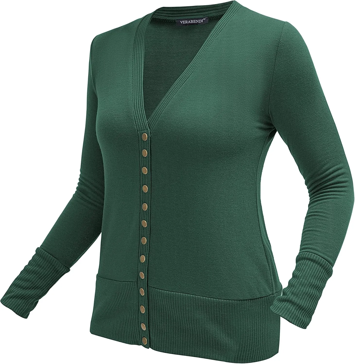 VERABENDI Women Long Sleeve Snaps Button Down V Neck Cute Knit Sweater Cardigan