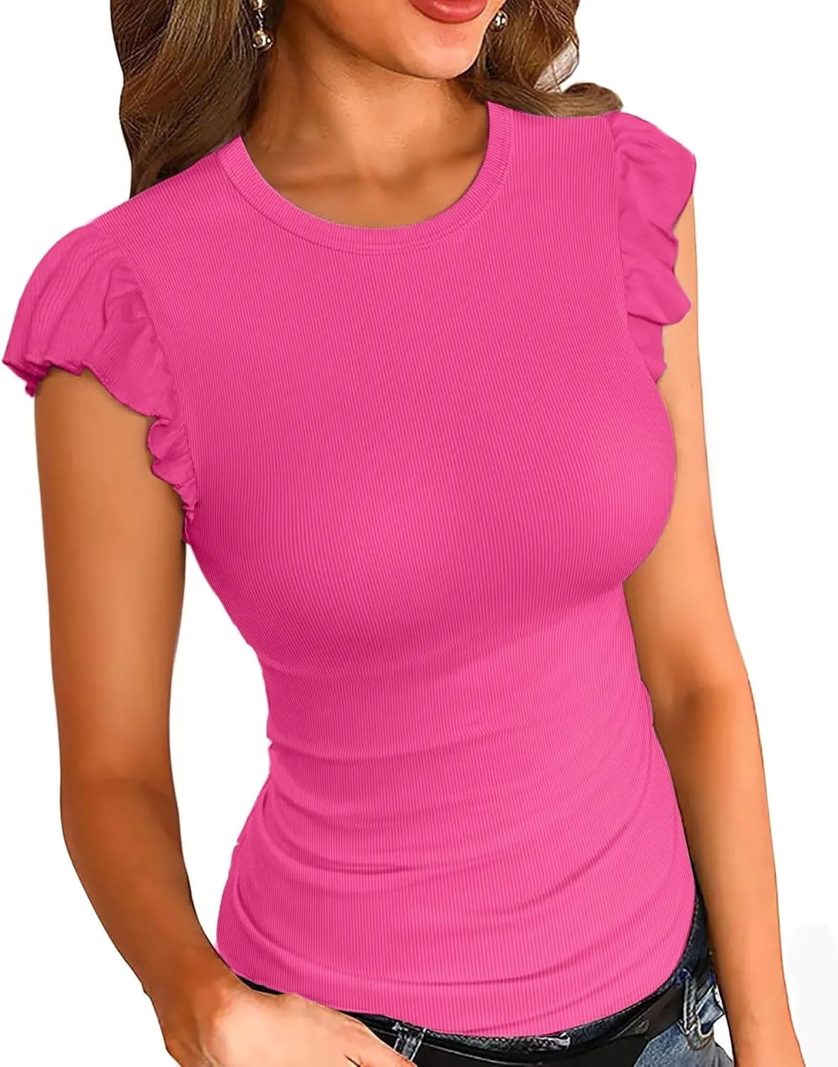 VICHYIE Summer Womens Shirt Short Ruffle Sleeve V Neck/Round Neck Ribbed Casual Tshirt Fitted Tops Blouses
