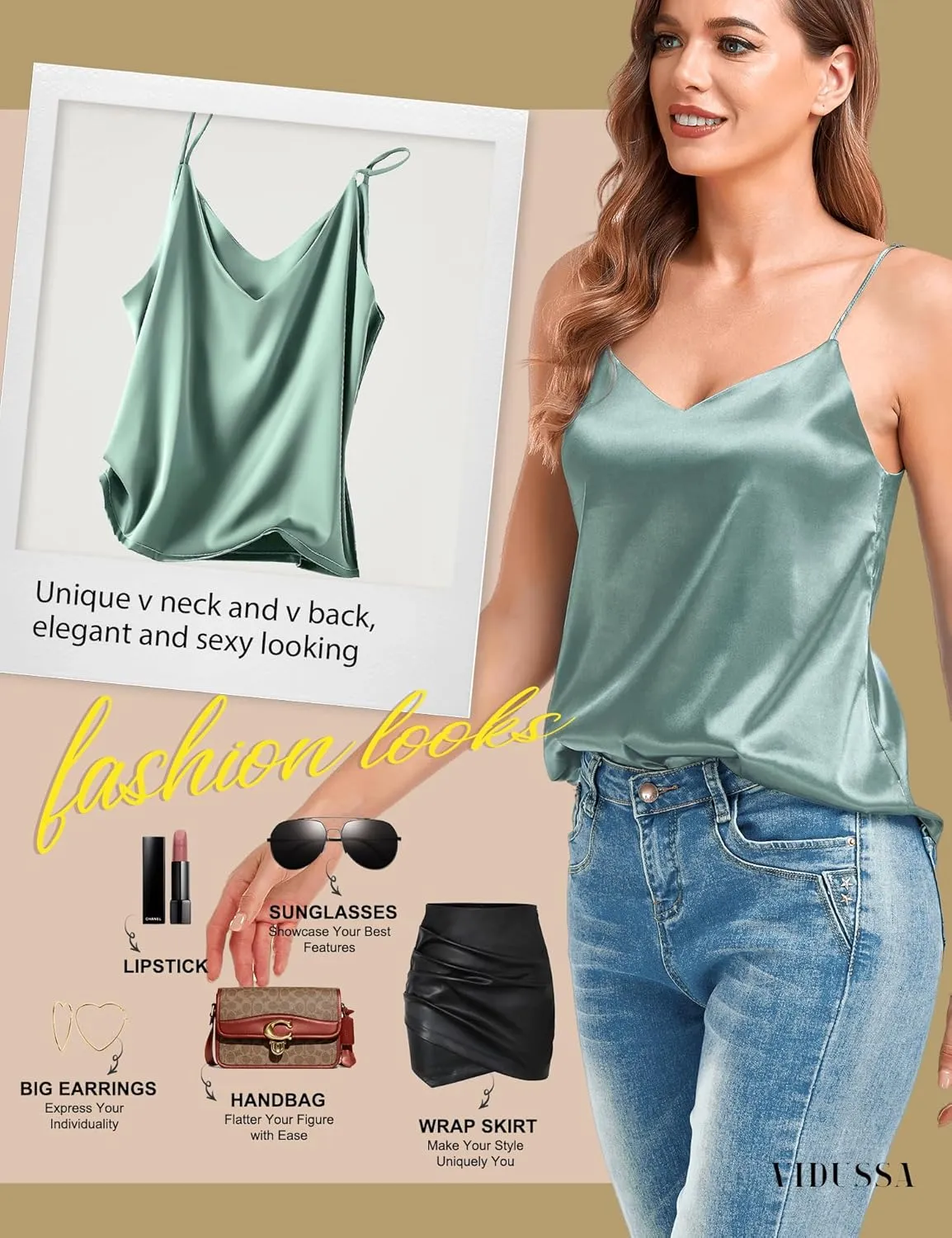 VIDUSSA Women's Silk Camisole Tops V Neck Tank Tops Satin Cami Shirts Sleeveless Blouses