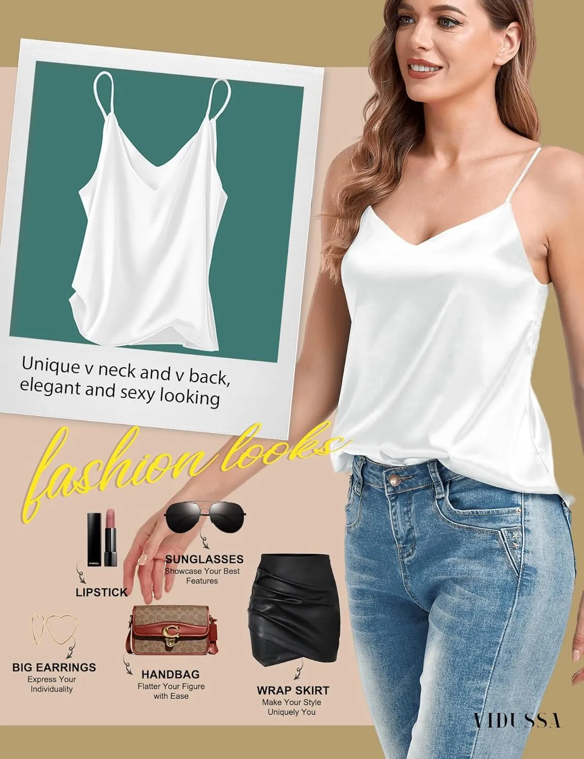 VIDUSSA Women's Silk Camisole Tops V Neck Tank Tops Satin Cami Shirts Sleeveless Blouses