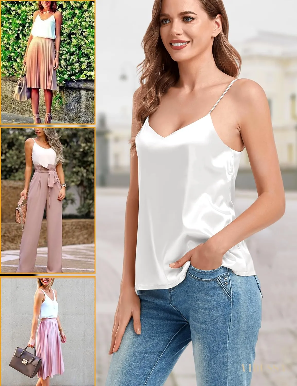 VIDUSSA Women's Silk Camisole Tops V Neck Tank Tops Satin Cami Shirts Sleeveless Blouses