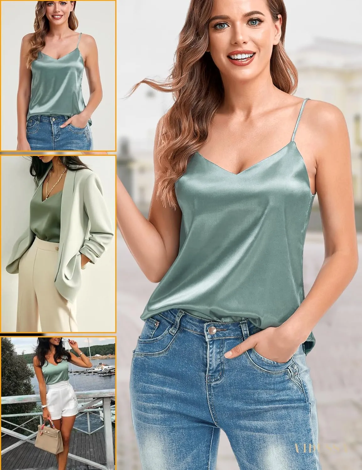 VIDUSSA Women's Silk Camisole Tops V Neck Tank Tops Satin Cami Shirts Sleeveless Blouses