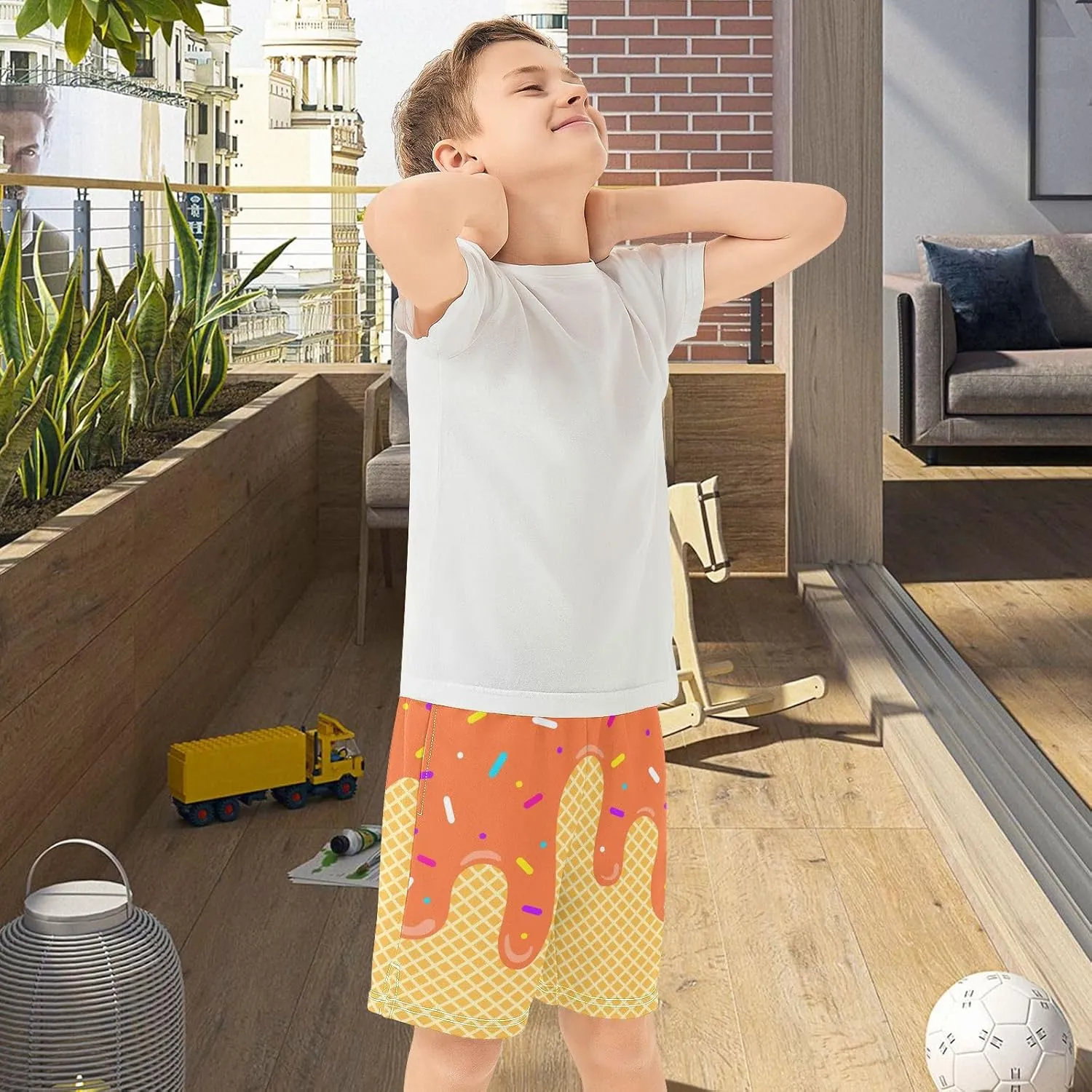 VIGTRO Ice Cream Boys Casual Shorts Athletic Gym Shorts Elastic Waist with Pockets, Summer Sports Outdoor Homewear Kids 7-15Y