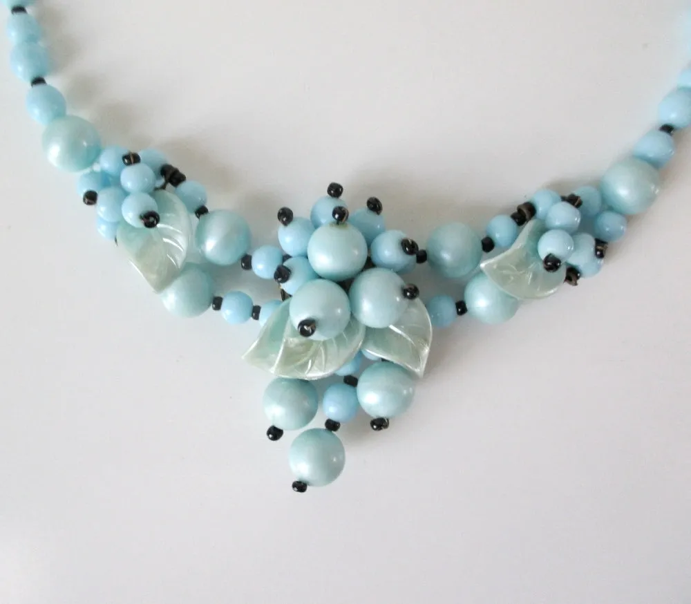 Vintage West Germany Blue Glass Bead Cluster Necklace Choker