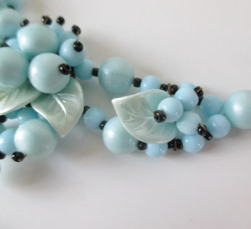 Vintage West Germany Blue Glass Bead Cluster Necklace Choker