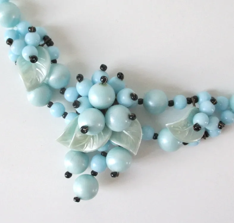 Vintage West Germany Blue Glass Bead Cluster Necklace Choker