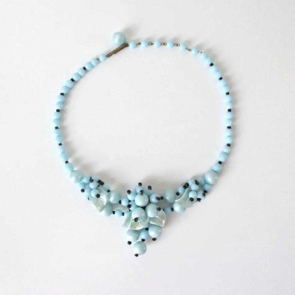 Vintage West Germany Blue Glass Bead Cluster Necklace Choker