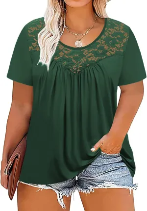 VISLILY Women's-Plus-Size-Tops Summer Lace Tee Shirts Short Sleeve Tunics Flowy Pleated Blouses XL-4XL