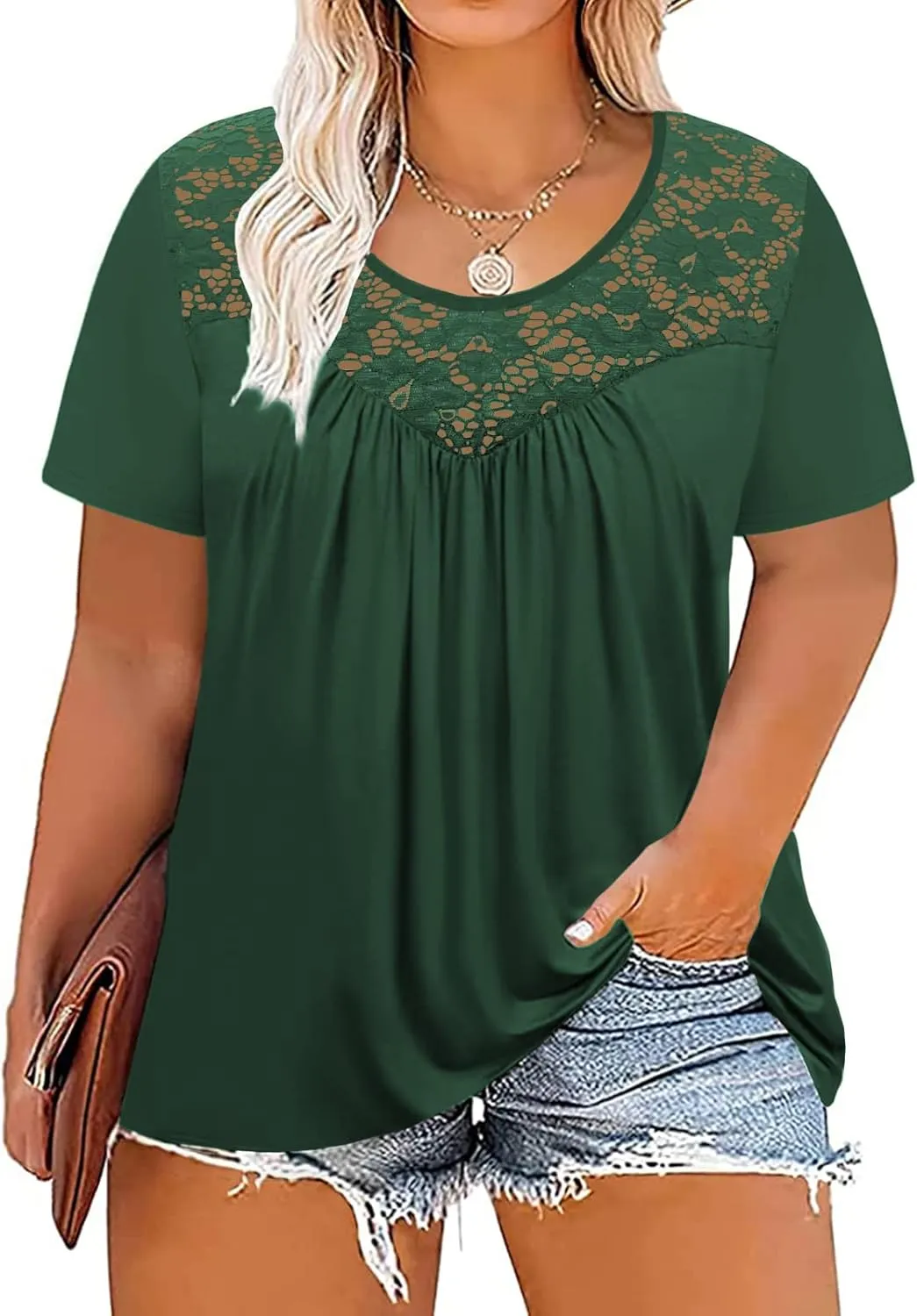VISLILY Women's-Plus-Size-Tops Summer Lace Tee Shirts Short Sleeve Tunics Flowy Pleated Blouses XL-4XL