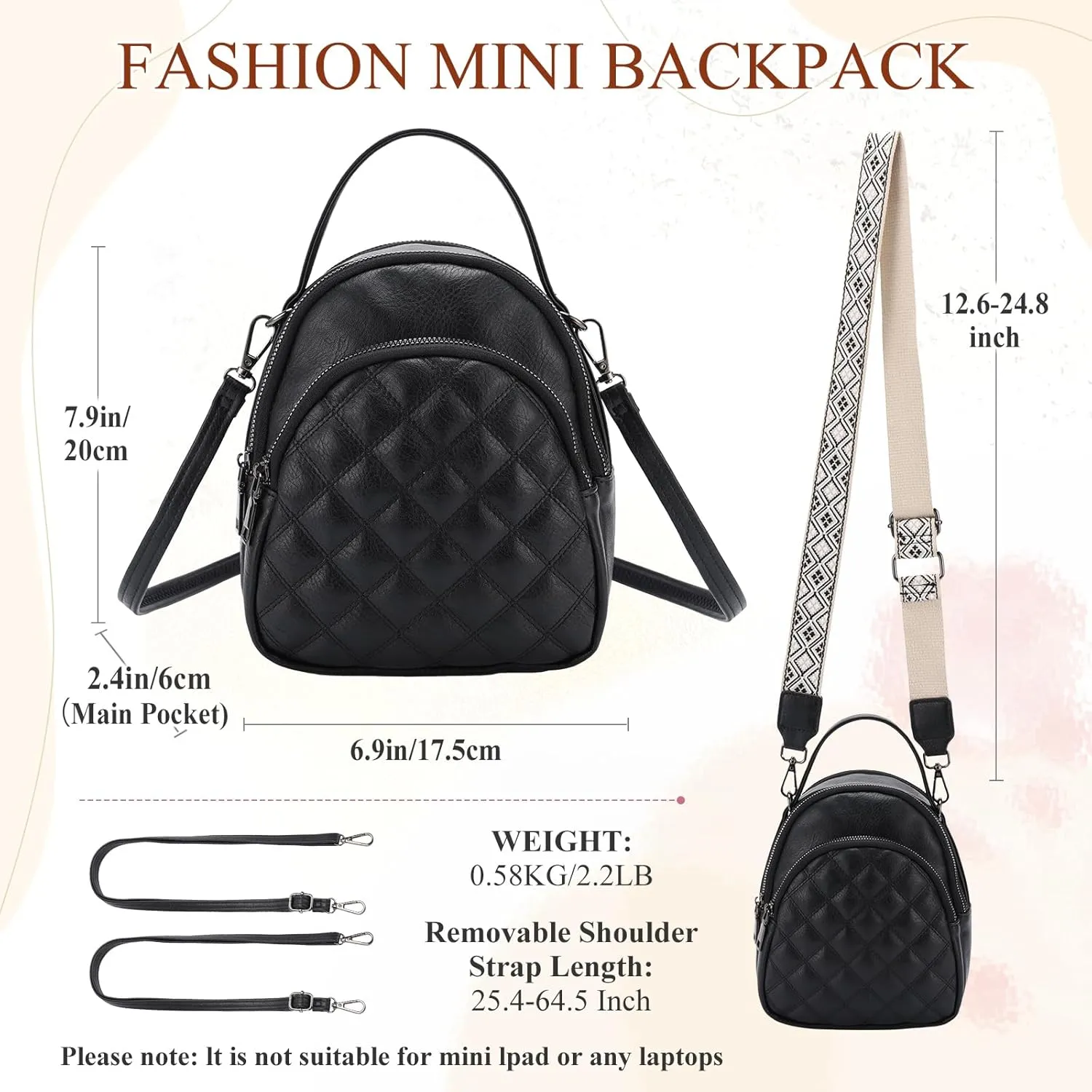 VX VONXURY Mini Backpack Purse,Women's Fashion Convertible Shoulder Bag with Guitar Strap