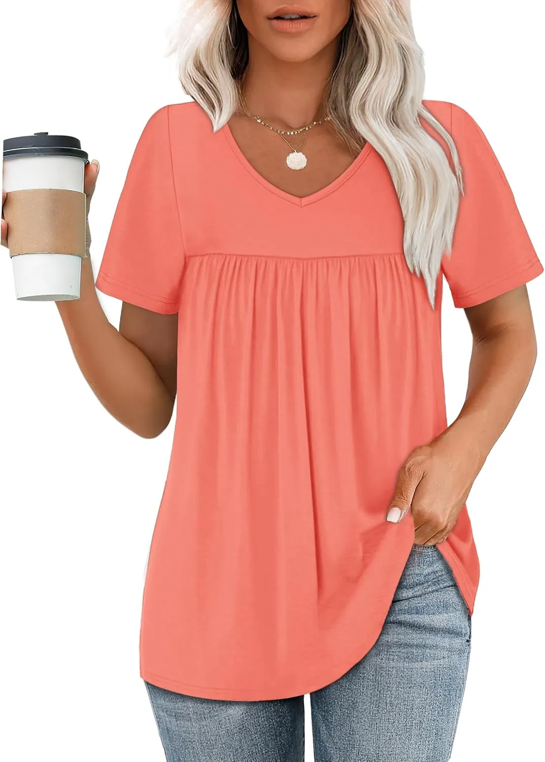 WEESO Womens T Shirts Short Sleeve Pleated Dressy Casual V Neck Summer Tops Blouses