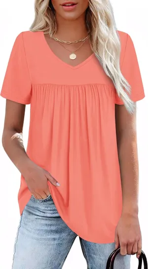 WEESO Womens T Shirts Short Sleeve Pleated Dressy Casual V Neck Summer Tops Blouses