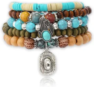 Western Bracelets for Women Cowgirl Turquoise Beaded Stretch Bracelets Vintage Turquoise Beaded Western Jewelry Bohemian Stackable Bracelet Country Concert Cowgirl Dresses Accessories