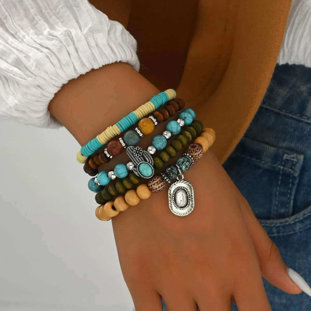 Western Bracelets for Women Cowgirl Turquoise Beaded Stretch Bracelets Vintage Turquoise Beaded Western Jewelry Bohemian Stackable Bracelet Country Concert Cowgirl Dresses Accessories