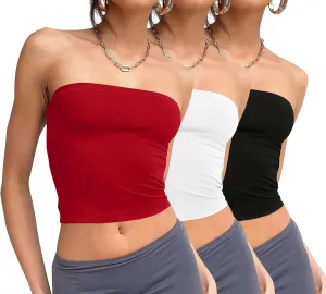 WIHOLL 3 Pack Tube Tops for Women Slim Fit Crop Tops Going Out Strapless Tank Tops Bandeau Summer Outfits 2025 Y2K Clothes