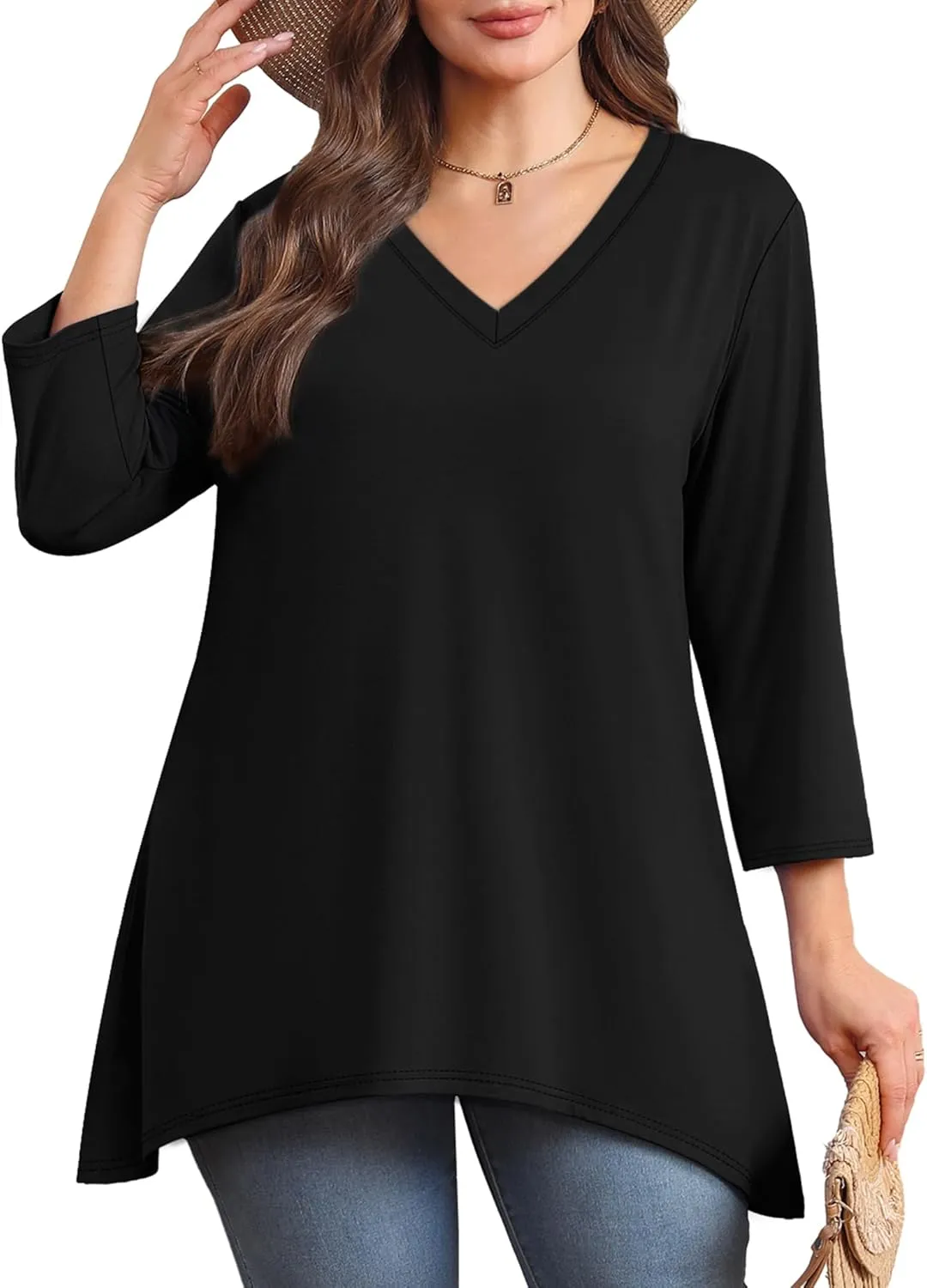 WIHOLL 3/4 Sleeve Tunic Tops for Women Loose Fit Dressy Casual Blouses V Neck T Shirts with Asymmetrical Hem S-3XL