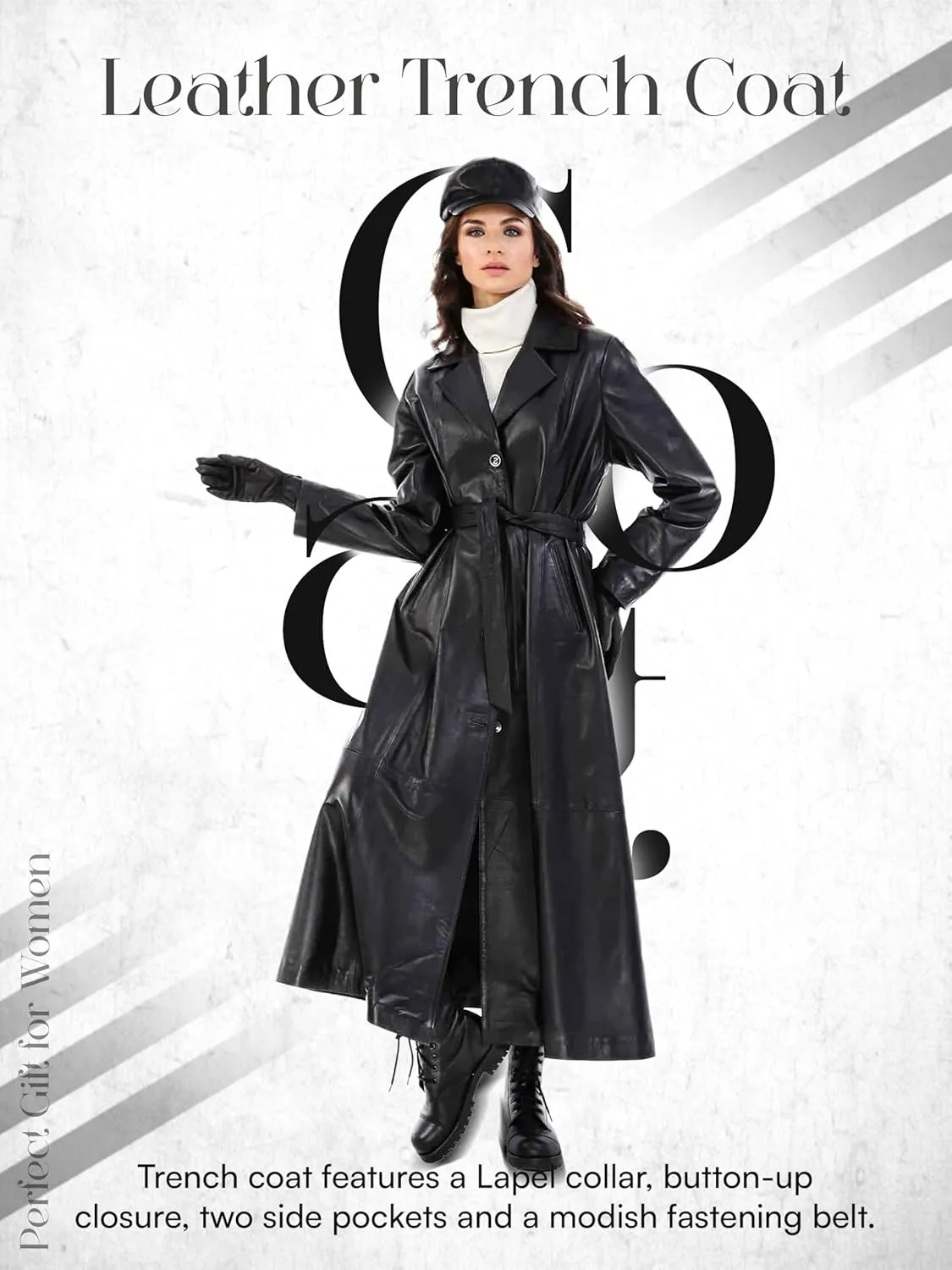 Winter Black Trench Coat - 100% Genuine Leather Long Coats Women - Belted Adjustable
