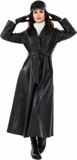 Winter Black Trench Coat - 100% Genuine Leather Long Coats Women - Belted Adjustable