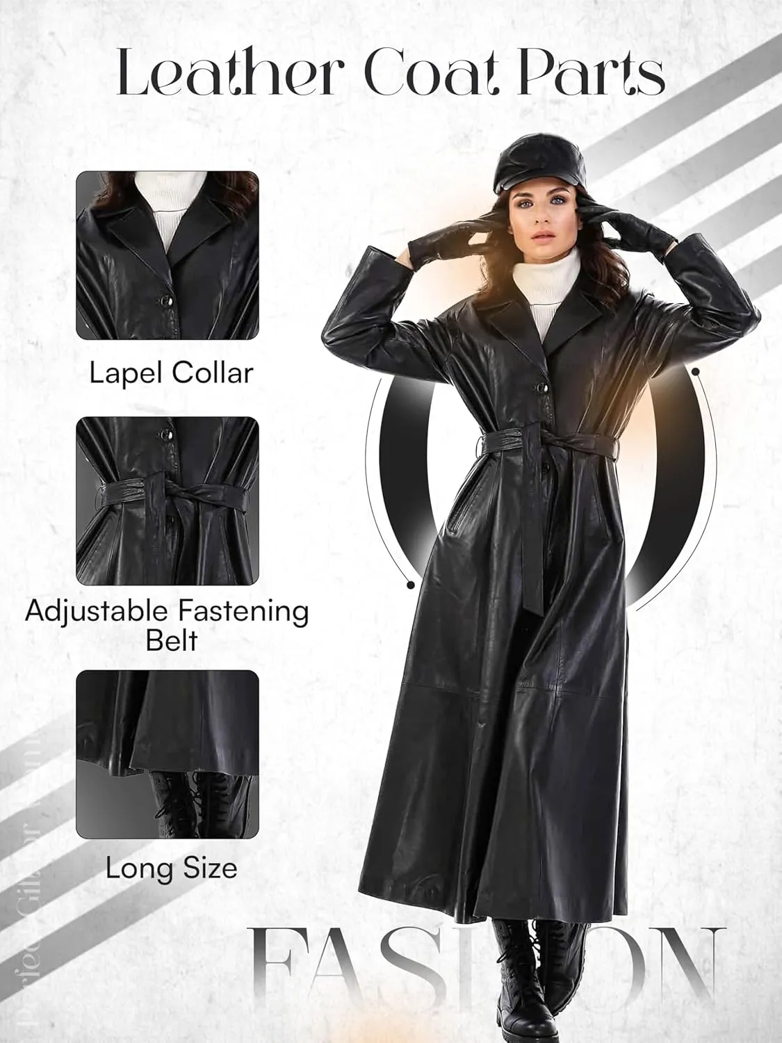 Winter Black Trench Coat - 100% Genuine Leather Long Coats Women - Belted Adjustable