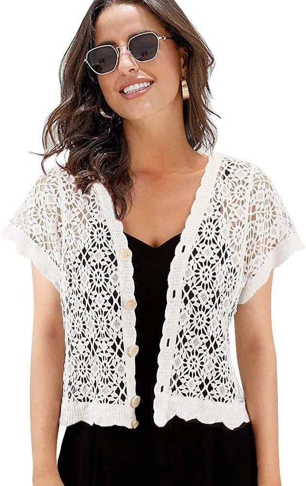 Women Cardigan Hollow Out Floral Cardigans White Crochet Shrugs