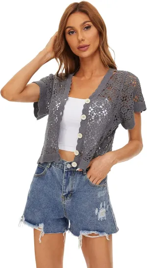 Women Cardigan Hollow Out Floral Cardigans White Crochet Shrugs