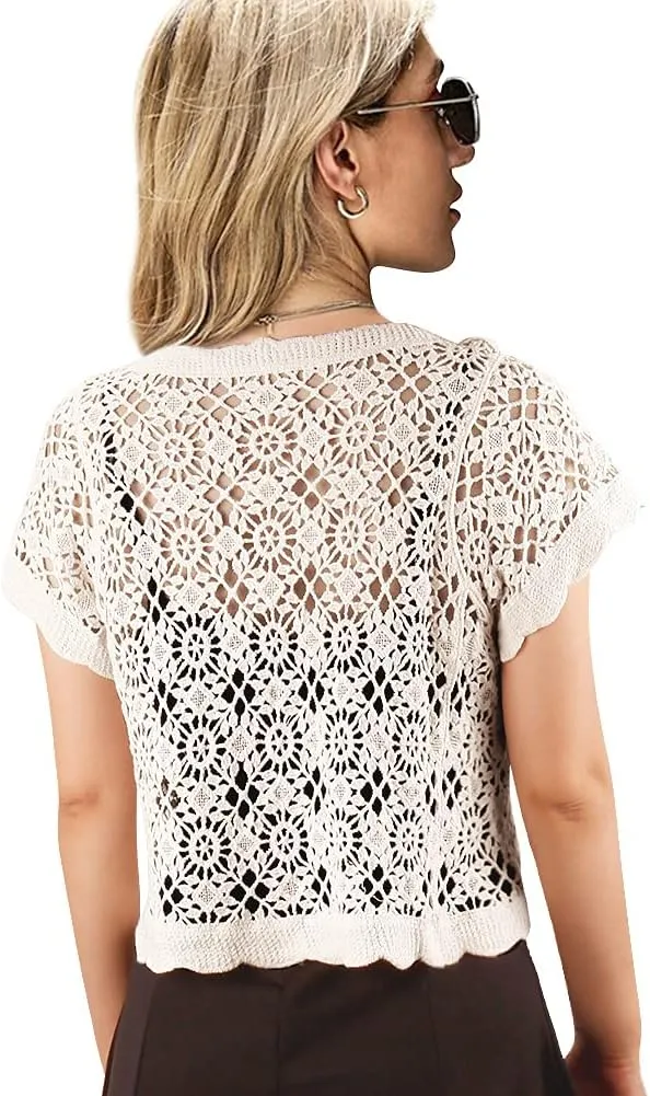 Women Cardigan Hollow Out Floral Cardigans White Crochet Shrugs