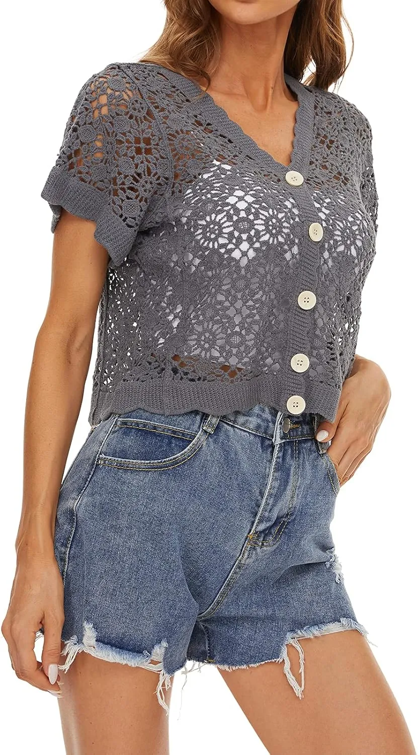 Women Cardigan Hollow Out Floral Cardigans White Crochet Shrugs