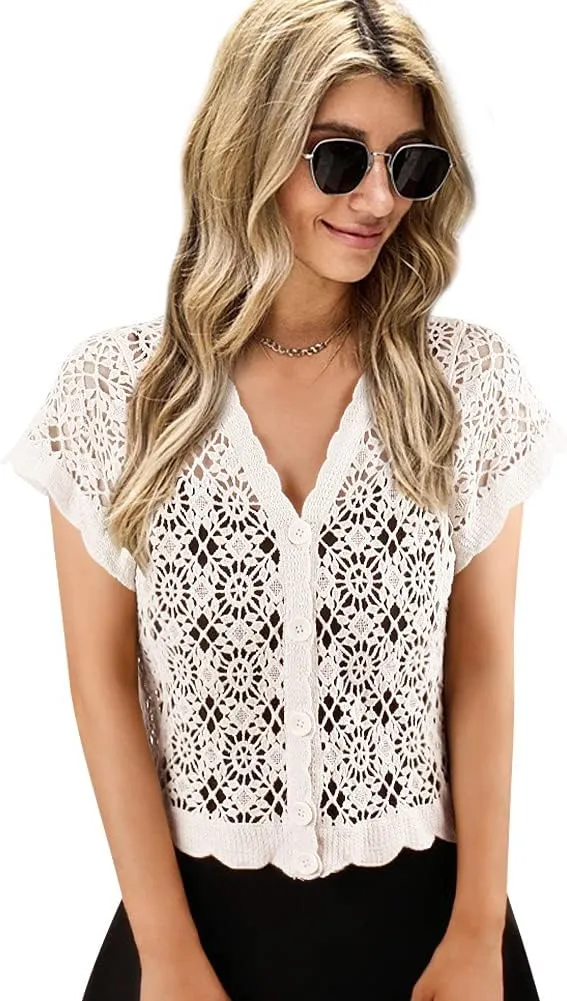 Women Cardigan Hollow Out Floral Cardigans White Crochet Shrugs