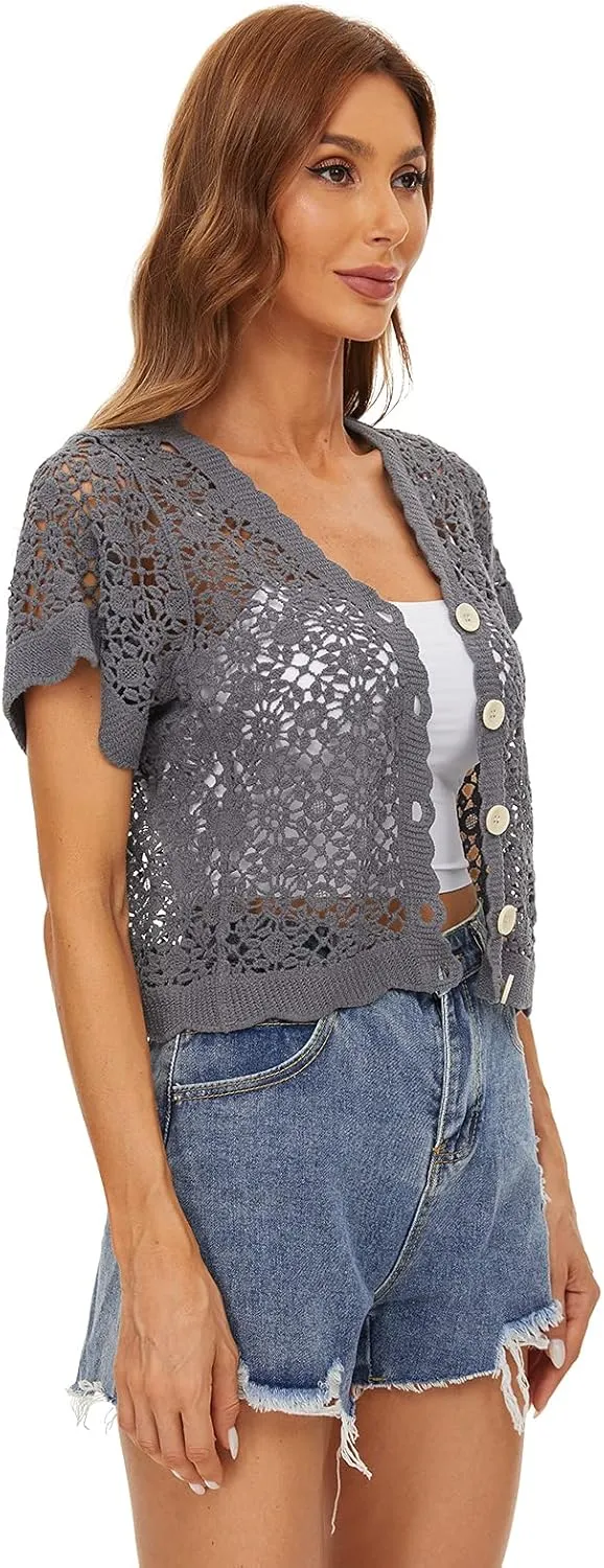Women Cardigan Hollow Out Floral Cardigans White Crochet Shrugs
