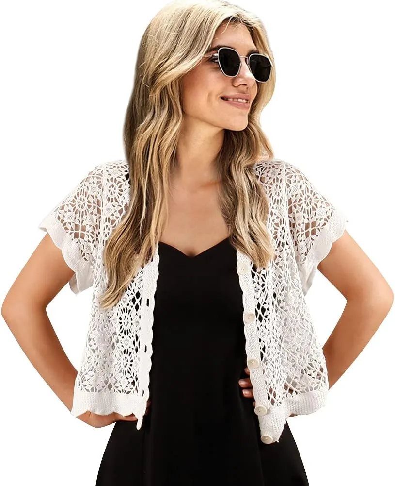 Women Cardigan Hollow Out Floral Cardigans White Crochet Shrugs