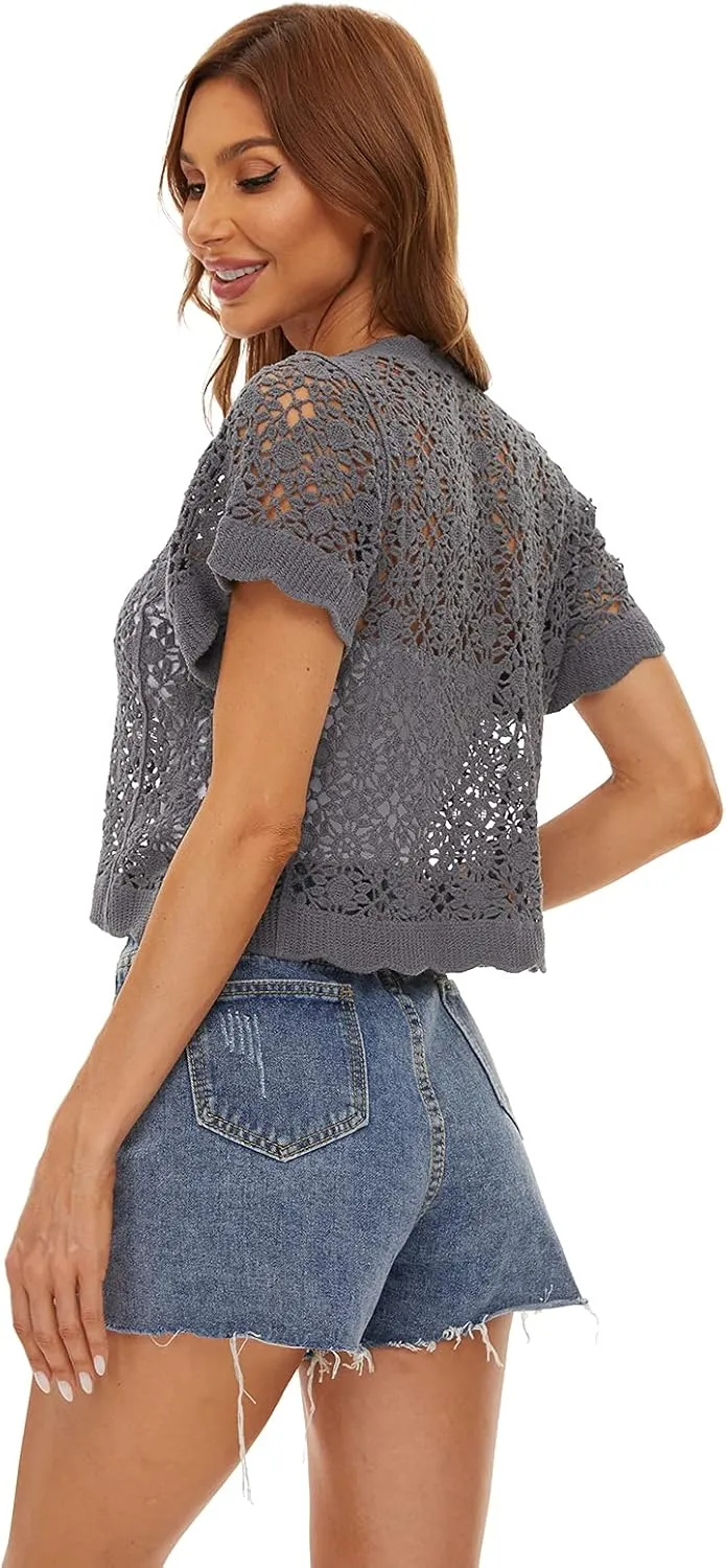 Women Cardigan Hollow Out Floral Cardigans White Crochet Shrugs