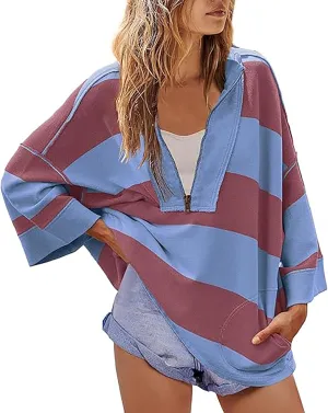 Women Color Block Oversized Sweatshirts Loose Fit Trendy Pullover Tops V Neck Cute Preppy Sweatshirts Y2K Fall Clothes