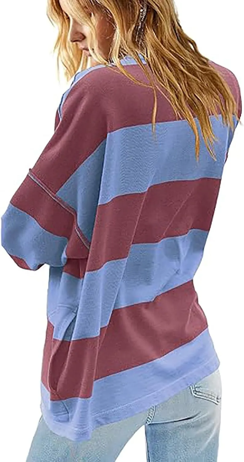 Women Color Block Oversized Sweatshirts Loose Fit Trendy Pullover Tops V Neck Cute Preppy Sweatshirts Y2K Fall Clothes