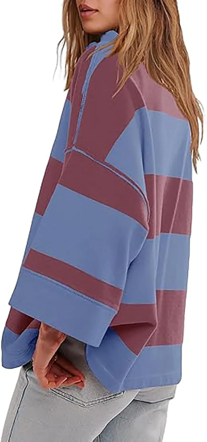 Women Color Block Oversized Sweatshirts Loose Fit Trendy Pullover Tops V Neck Cute Preppy Sweatshirts Y2K Fall Clothes