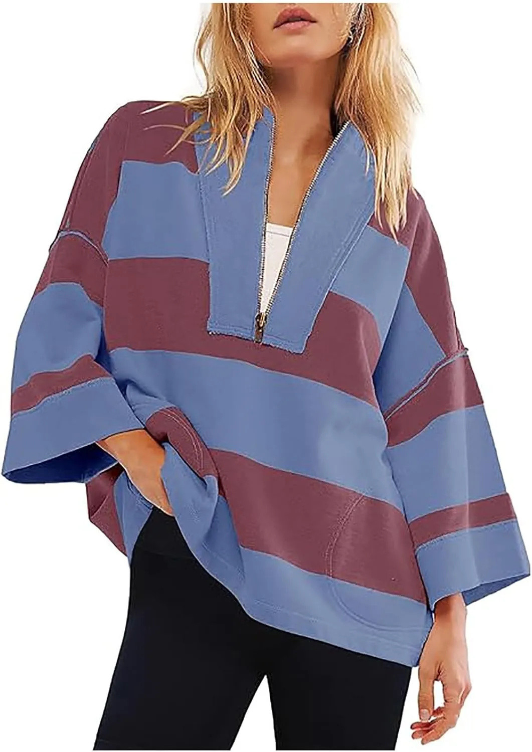 Women Color Block Oversized Sweatshirts Loose Fit Trendy Pullover Tops V Neck Cute Preppy Sweatshirts Y2K Fall Clothes